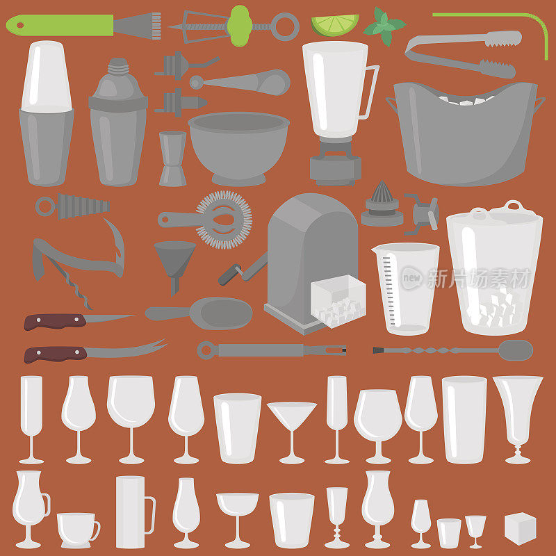 Bar Glassware Cocktails, Beer and Wine Glasses. Flat Barman Tools. Bartender equipment. Isolated instrument icon